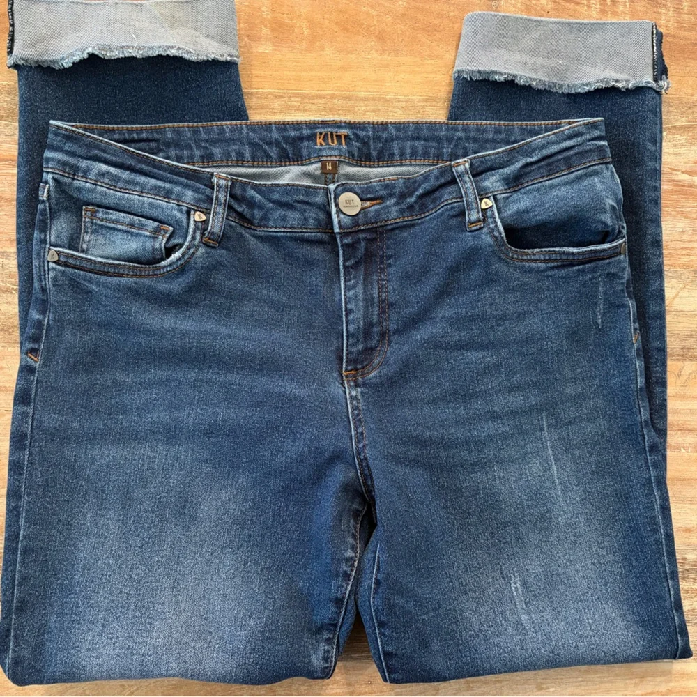 KUT from the Kloth Ankle Straight Leg Jeans Size 14 Dark Wash Cuffed Raw Hem